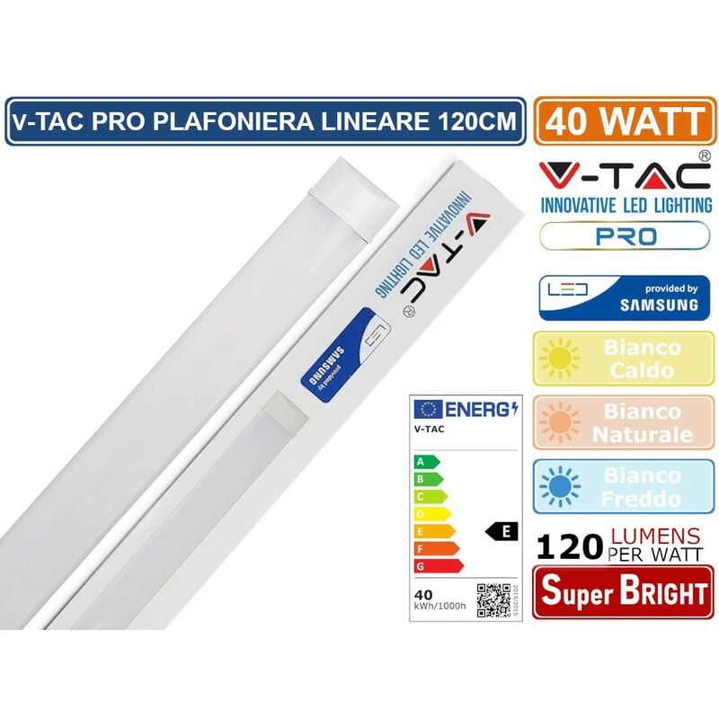 foto del prodotto vt 8 40 tubo led prismatico plafoniera 40w lampadina 120cm chip samsung sku 20350 20351 20352 colore luce bianco naturale v tac