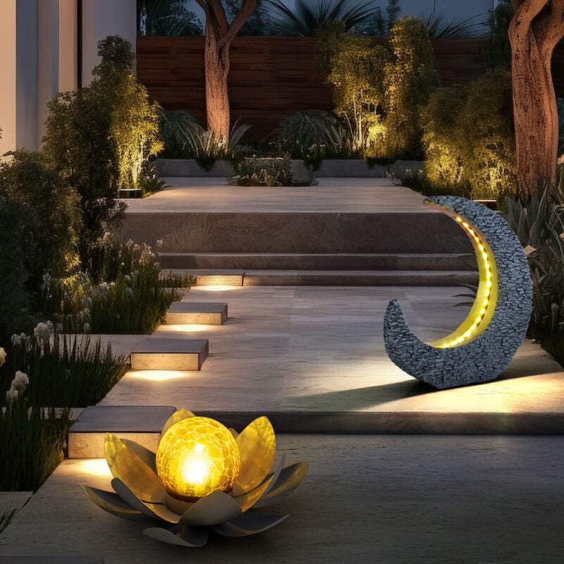foto del prodotto decorazione da giardino, lampade solari per esterno, fiore di loto, decorazione da tavola, tavolo da giardino, luce solare da giardino, luna