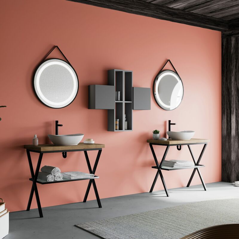 foto del prodotto kiamami valentina mobile bagno industrial 2 cavalletti metallo, lavabo appoggio, specchio tondo lagos