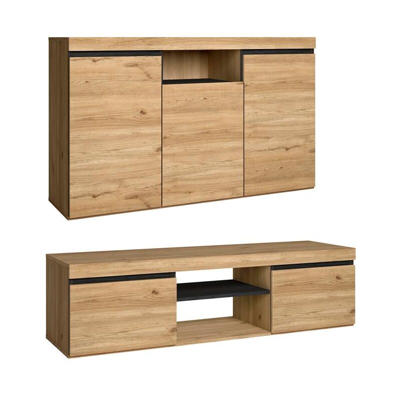 foto del prodotto set naturale soggiorno sala da pranzo, mobili ausiliari, buffet mobile tv 140cm rovere nordico nero skraut home