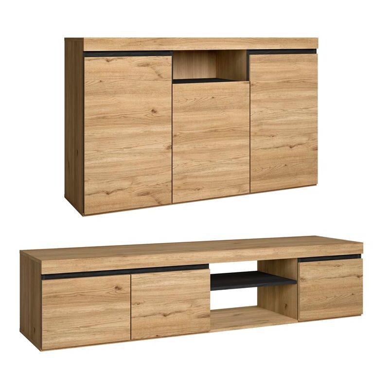 foto del prodotto set naturale soggiorno sala da pranzo, mobili ausiliari, buffet mobile tv 160cm rovere nordico nero skraut home