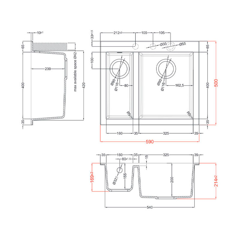 foto del prodotto lavello elleci incasso 2 vasche 59x50 quadra 150 granitek antracite lgq15059