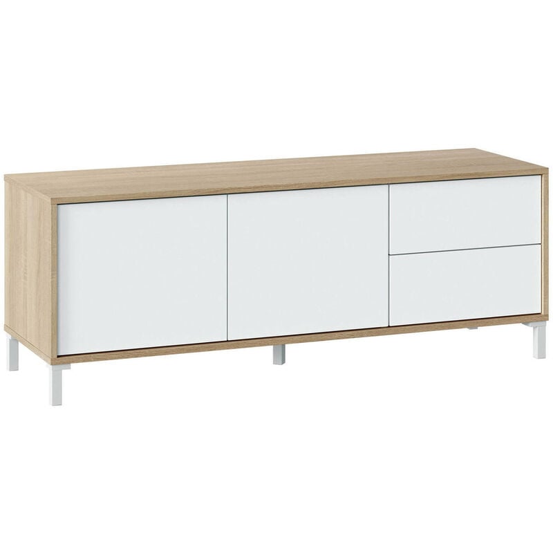 foto del prodotto mobile porta tv, credenza per televisione a 2 ante, supporto tv da soggiorno, mobile porta tv, madia per salotto, cm 130x41h47, rovere e bianco