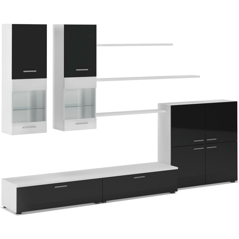 foto del prodotto skraut home mobili tv parete da sogiorno e pranzo contemporaneo con illuminazione a led, nero laccato e bianco mate, dimensioni 300 x 189 x 42 cm