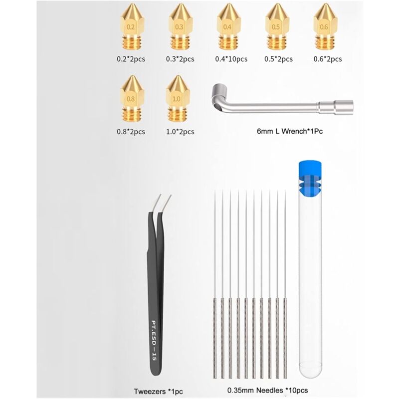 foto del prodotto 34 pezzi 0,2 1,0 mm di dimensioni miste mk8 ugelli per stampante 3d ugelli in ottone estrusore compatibili con ender 3 cr 10 a8 a8 con 10 pezzi di