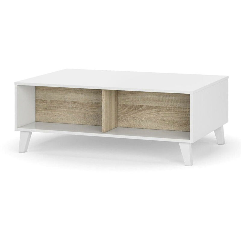 foto del prodotto tavolino da salotto, tavolino da caff con piano elevabile, tavolo basso da soggiorno, cm 100x68h38, bianco lucido e rovere