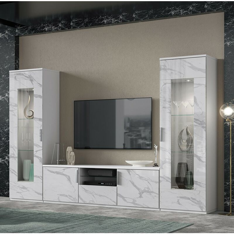foto del prodotto soggiorno bianco laccato lucido effetto marmo con porta tv dream