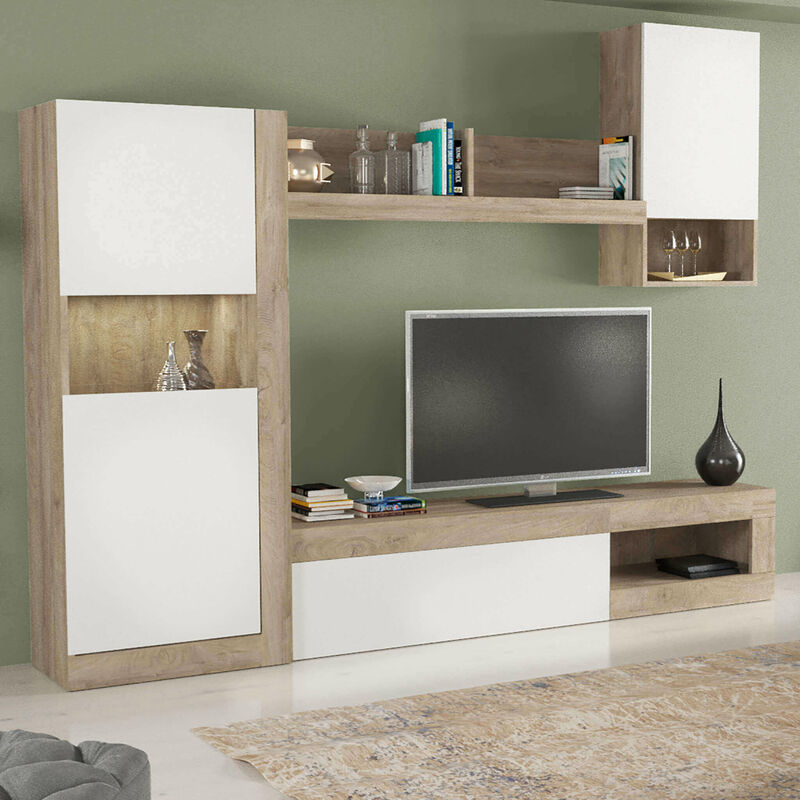foto del prodotto parete attrezzata da soggiorno in legno nobilitato bianco e rovere chiaro room