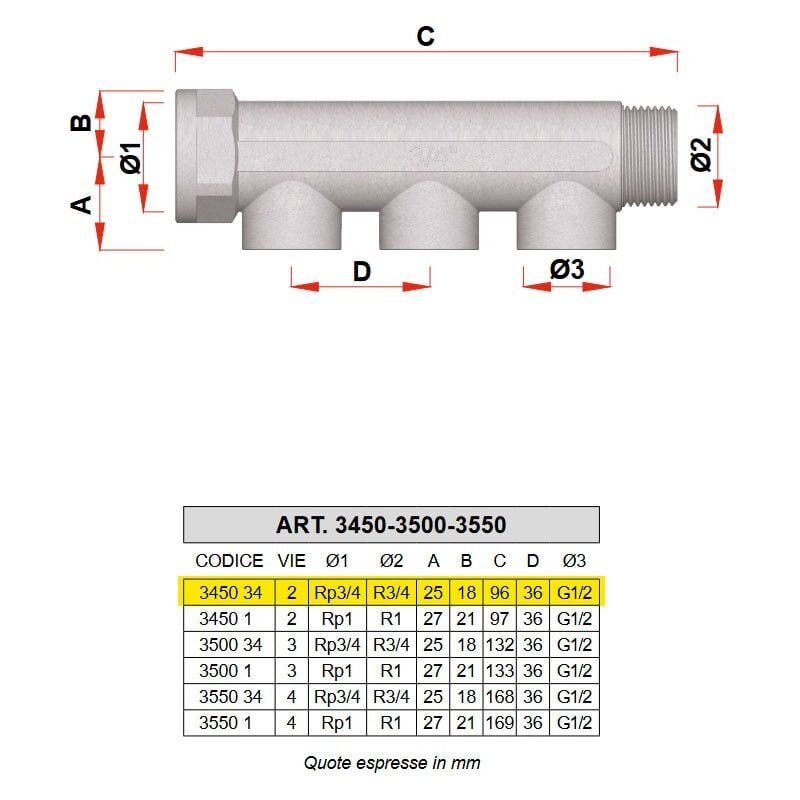 foto del prodotto 3450 - collettore maschio-femmina cromato int. 36 mm - misura 3/4 - 2 derivazioni 3450 34