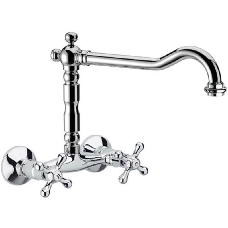foto del prodotto 3460112 rubinetto lavello cucina a muro con 2 manopole stile antico, canna girevole universale a u da 200mm, risparmio acqua, finitura cromata,