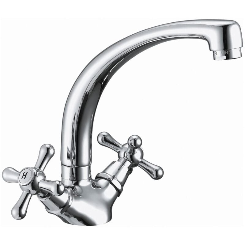 foto del prodotto 3460412 rubinetto retrò con due manopole per lavello cucina, bocca girevole alta, gruppo monoforo in stile antico, finitura cromo e argento - schl fer