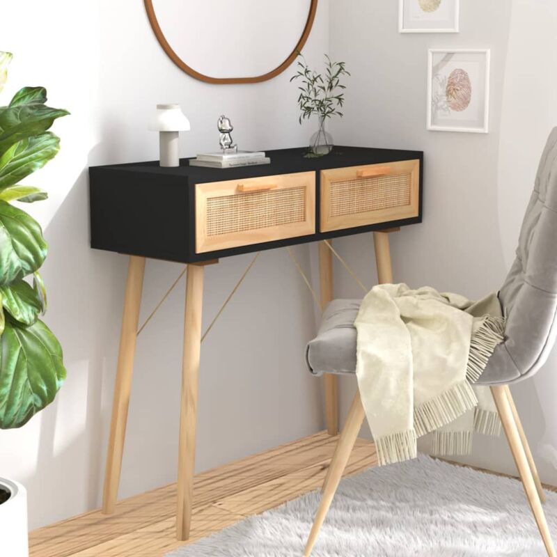 foto del prodotto tavolo consolle nero 80x30x75cm massello pino e rattan naturale
