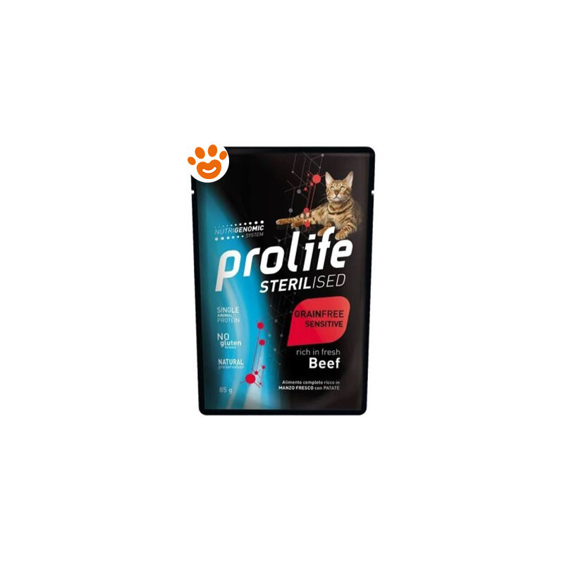 foto del prodotto cat sterilised grainfree sensitive adult manzo cat sterilised grainfree sensitive adult manzo bustina da 85 gr prolife