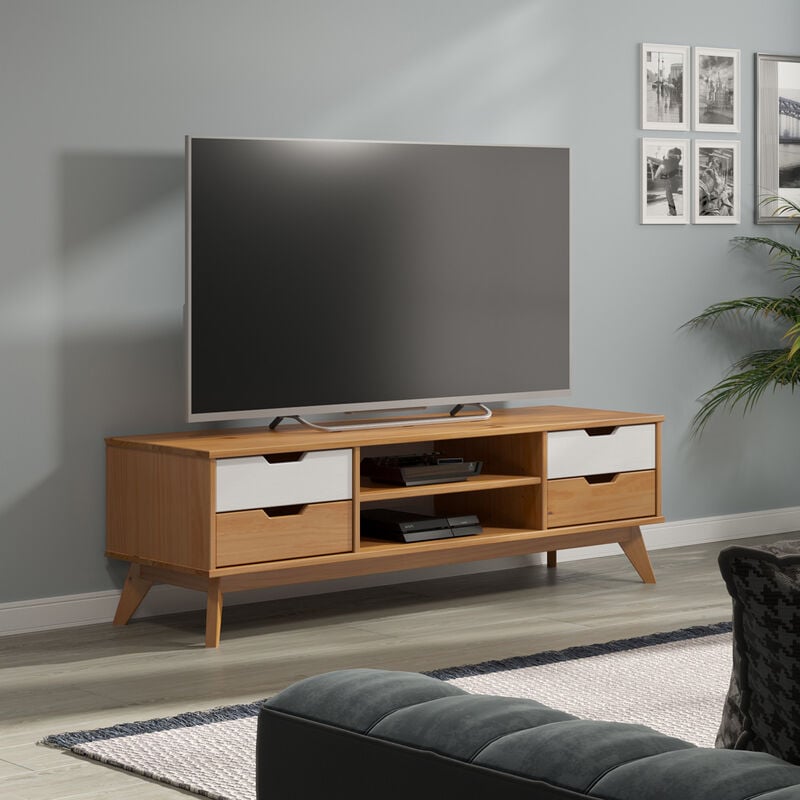 foto del prodotto casaria mobile tv borneo in legno di pino fsc 140x42x40cm 4 cassetti 2 scomparti max. 45kg antiribaltamento tavolo basso per tv soggiorno