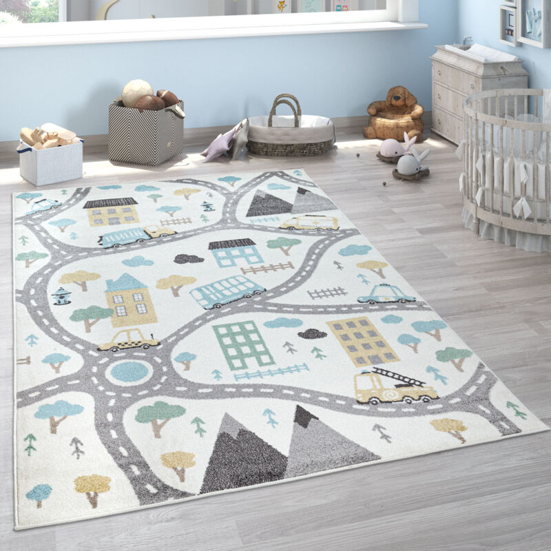 foto del prodotto paco home tappeto bambini cameretta pastello bambini bambine auto crema grigio petrolio 133x190 cm