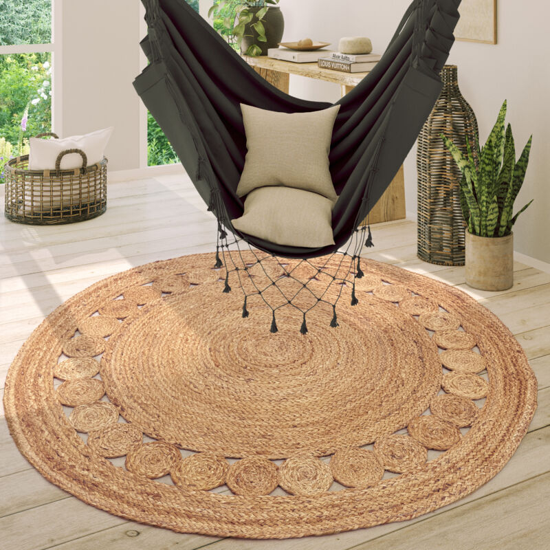 foto del prodotto paco home tappeto salotto rotondo iuta motivo boho etnico moderno fatto a mano naturale natura, 80 cm tondo