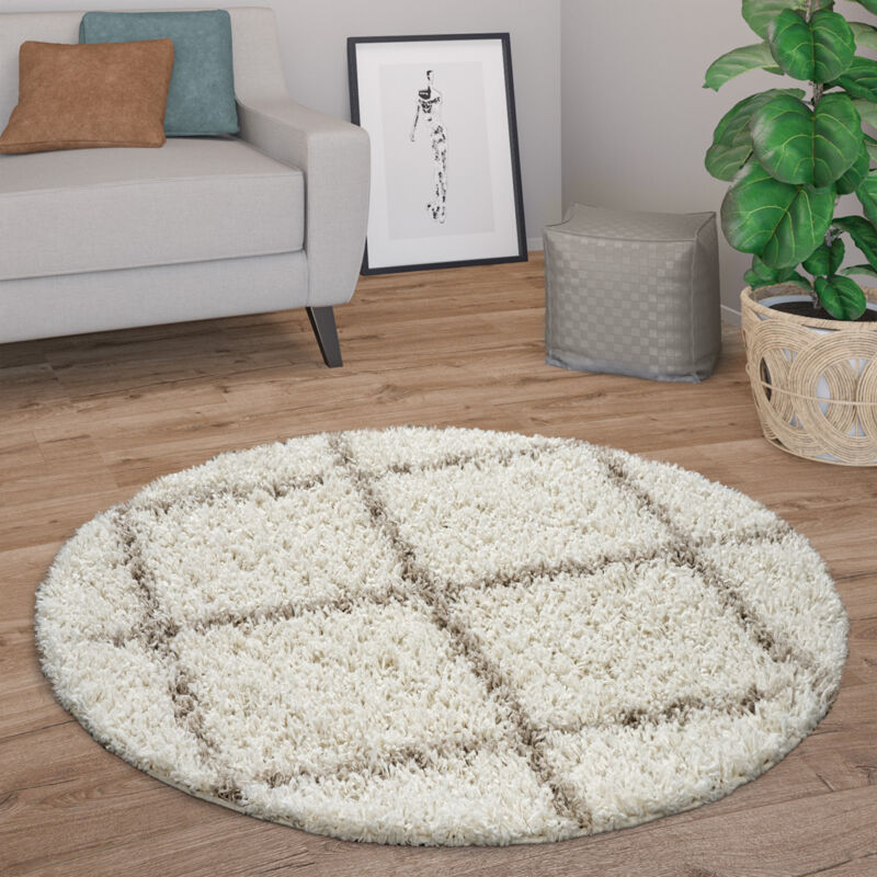foto del prodotto paco home tappeto salotto pelo lungo rotondo moderno shaggy pelo lungo scandinavo diamanti 120 cm tondo, beige crema