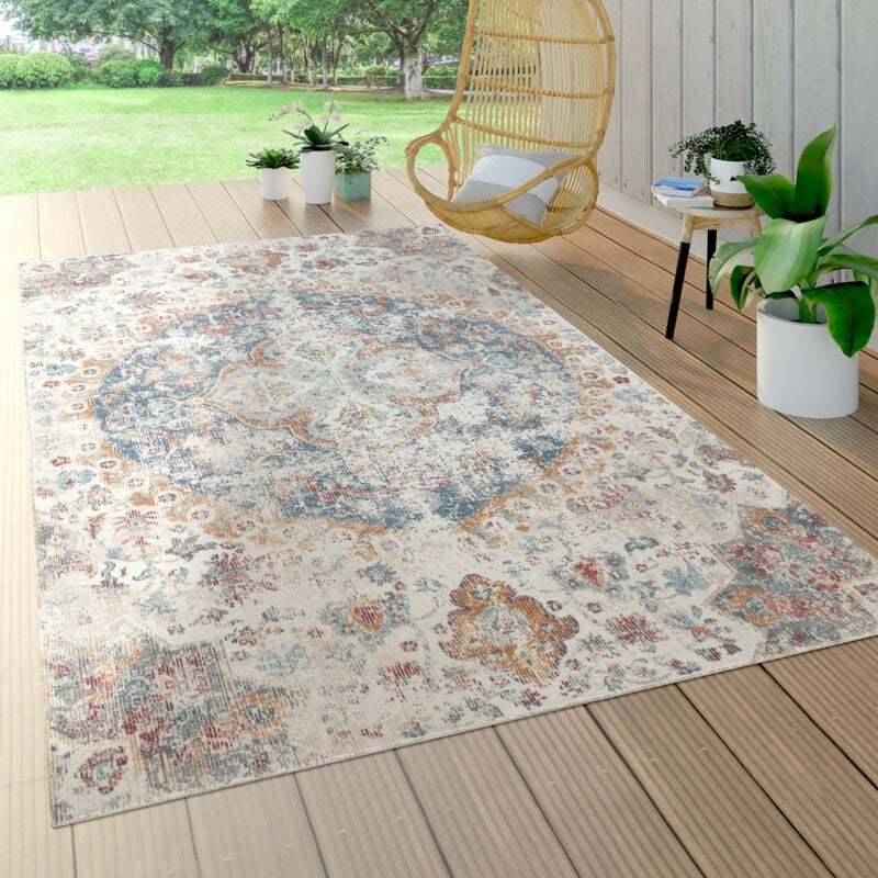 foto del prodotto paco home tappeto per esterno terrazzo balcone cucina motivo persiano vintage blu crema 160 cm tondo