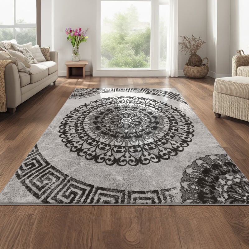 foto del prodotto paco home tappeto classico lavorato cerchio ornamenti grigio nero screziato 80x300 cm