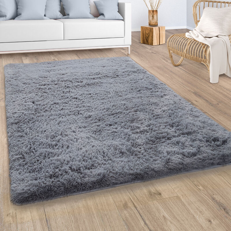 foto del prodotto paco home tappeto salotto moderno pelo lungo pelliccia finta shaggy monocolore grigio 140x200 cm