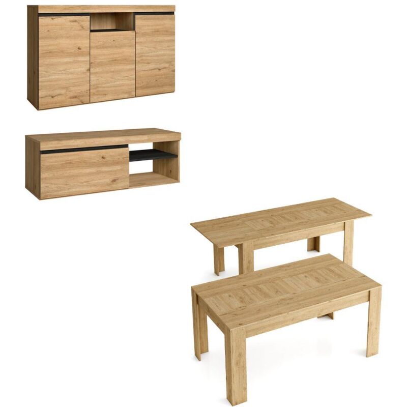 foto del prodotto set naturale sala da pranzo, salotto, credenza mobile tv 120cm tavolo allungabile rovere nero skraut home