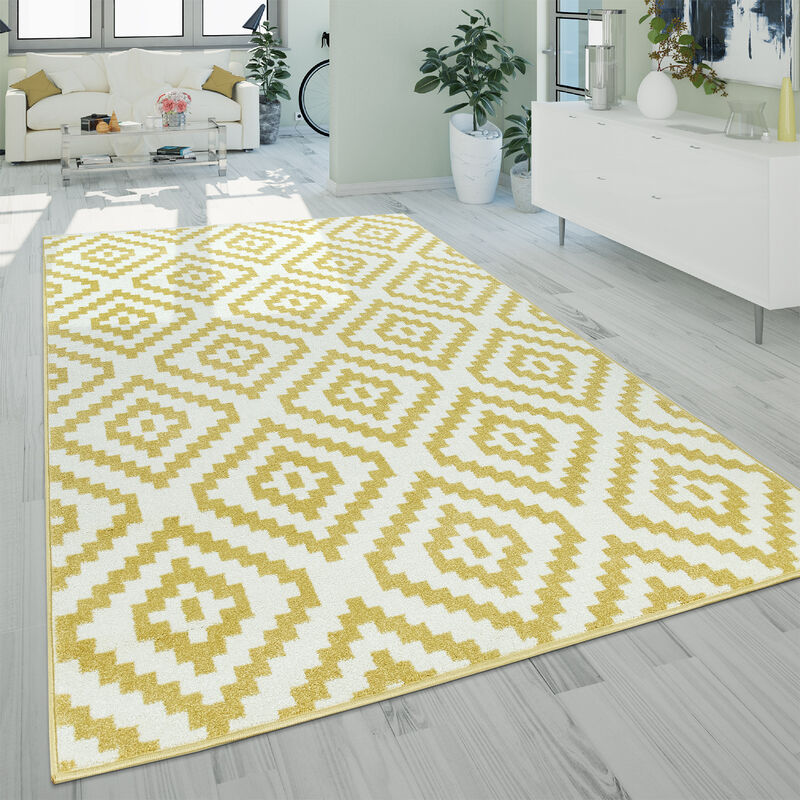 foto del prodotto paco home moderno tappeto a pelo corto per il soggiorno con motivo etnico geometrico in giallo e bianco 60x100 cm