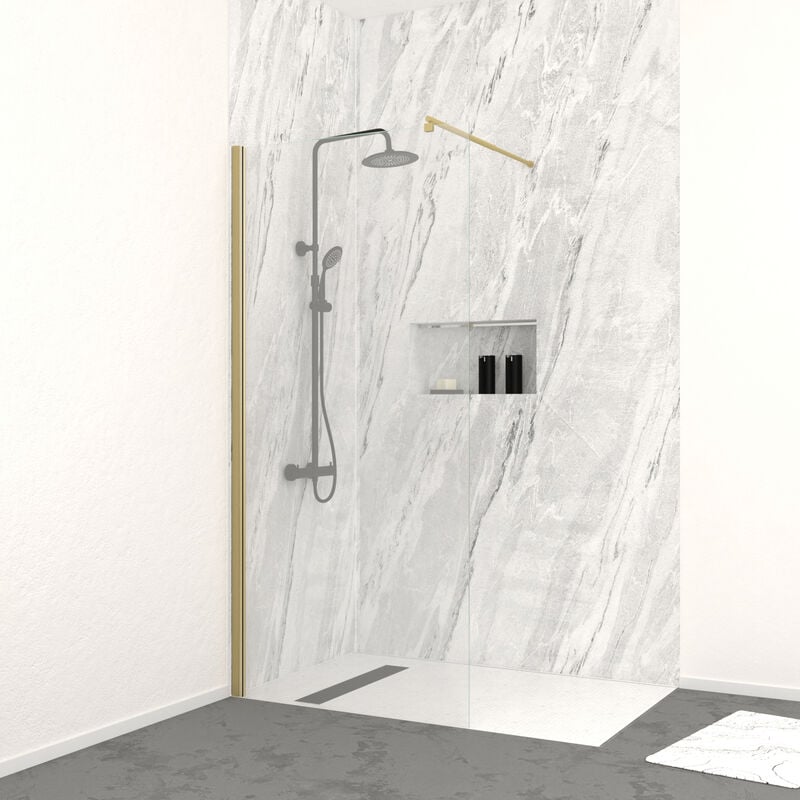 foto del prodotto aurlane parete doccia 90x200 cm vetro temperato 8 mm finitura oro spazzolato freedom 2 gold
