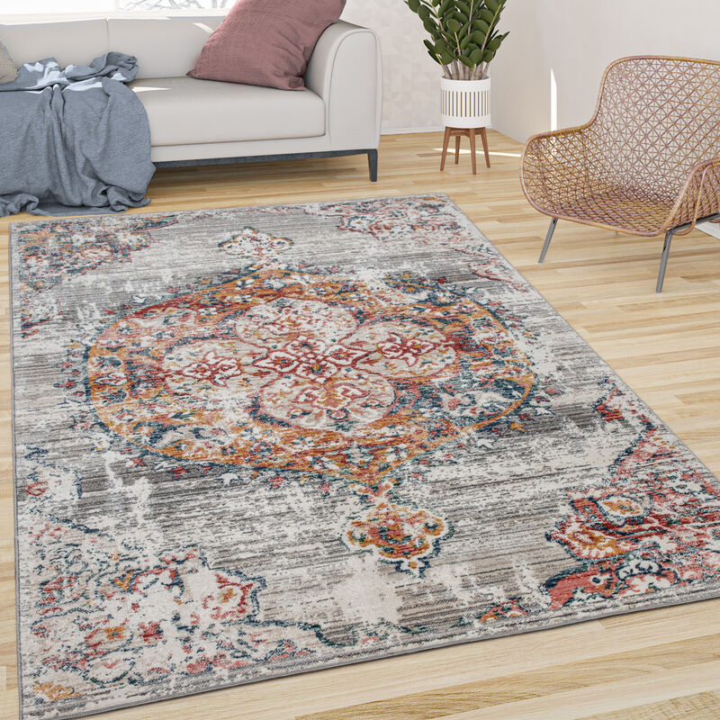 foto del prodotto paco home tappeto salotto pelo corto vintage estetica orientale astratta grigio giallo blu 60x100 cm