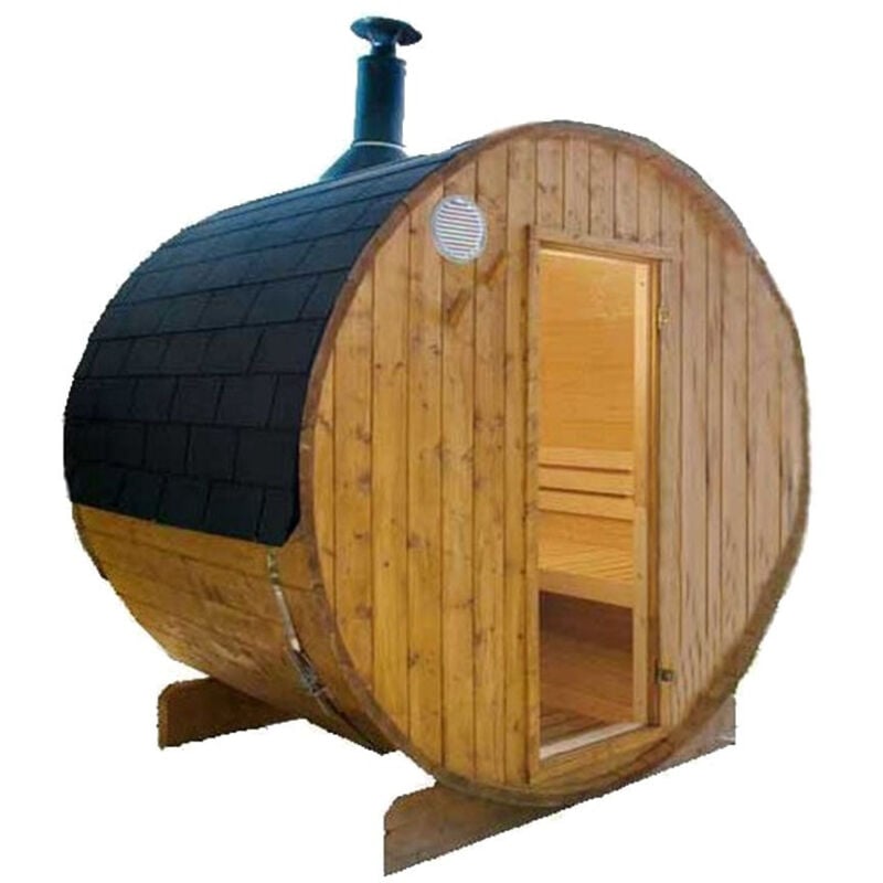 foto del prodotto sauna da esterno a botte desineo con stufa a legna 180 cm l x 220 cm diametro 