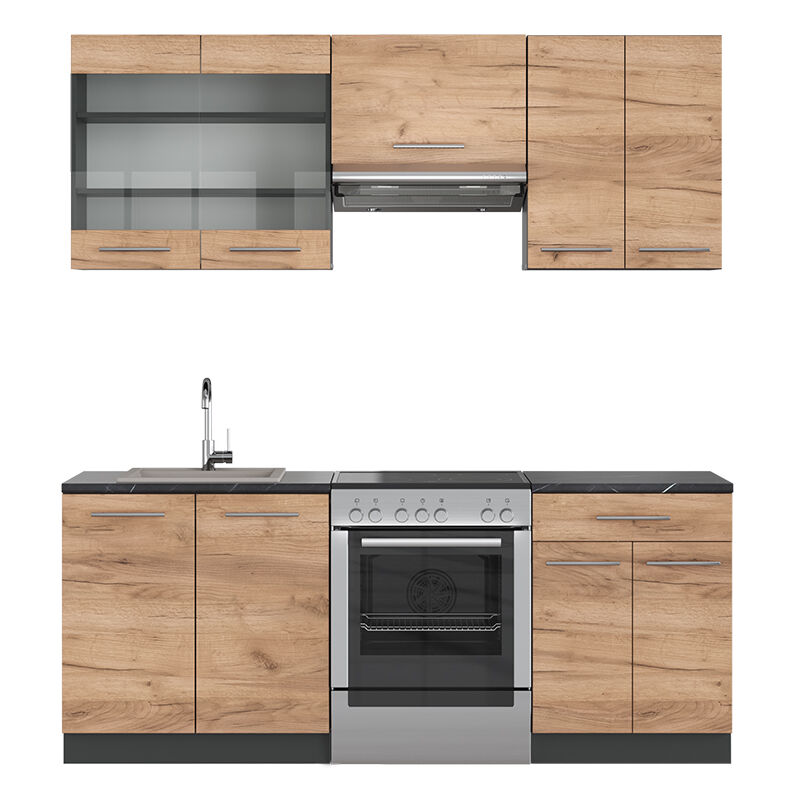 foto del prodotto vicco cucina componibile fame line, quercia dorata antracite, 200 cm senza piano di lavoro