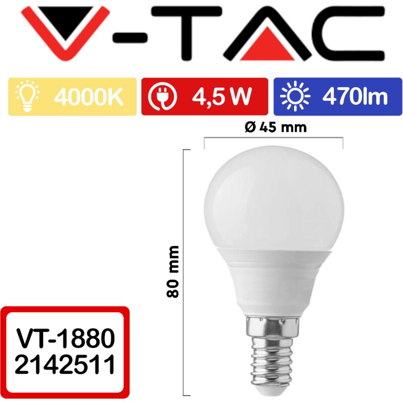 foto del prodotto vt 1880 lampadina led e14 4,5w p45 bianco naturale 4000k v tac
