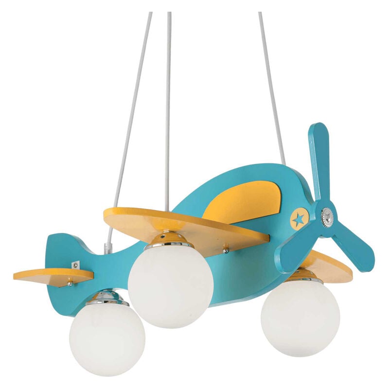 foto del prodotto ideal lux lampadario contemporaneo avion legno azzurro 3 luci e14