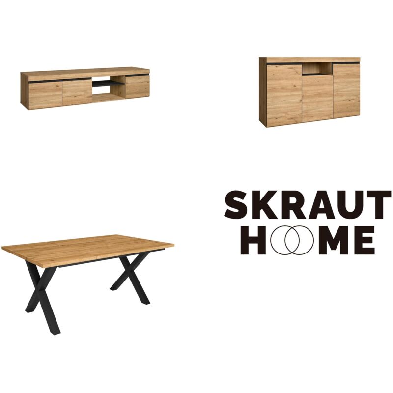 foto del prodotto set di mobili per il soggiorno, tavolo 170 piedi u 8 commensali, mobile tv 160, madia credenza 140, rovere e nero, stile industriale skraut home