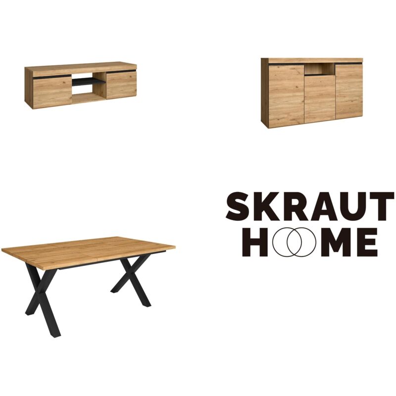 foto del prodotto set di mobili per il soggiorno, tavolo 170 piedi u 8 commensali, mobile tv 140, madia credenza 140, rovere e nero, stile industriale skraut home