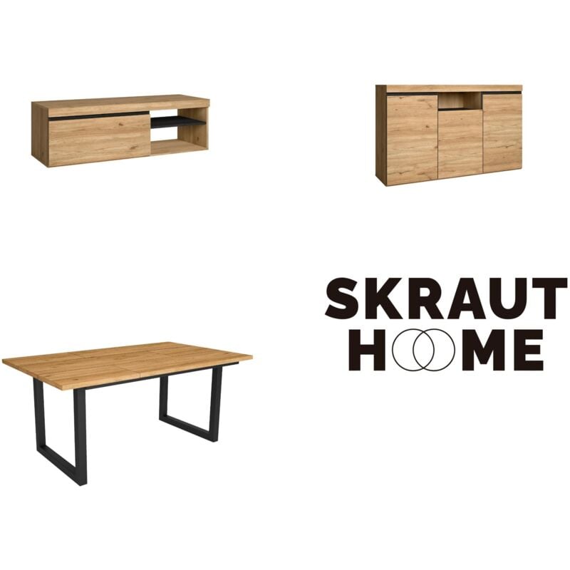 foto del prodotto set di mobili per il soggiorno, tavolo 170 piedi u 8 commensali, mobile tv 120, madia credenza 140, rovere e nero, stile industriale skraut home