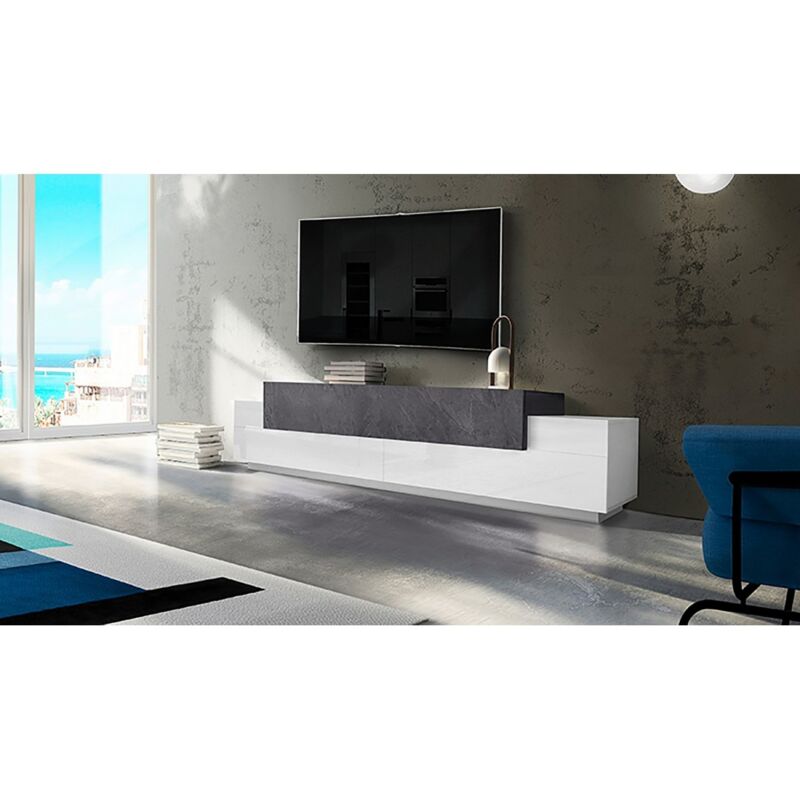 foto del prodotto mobile bianco grigio basso con ante a ribalta 240 cm porta tv credenza