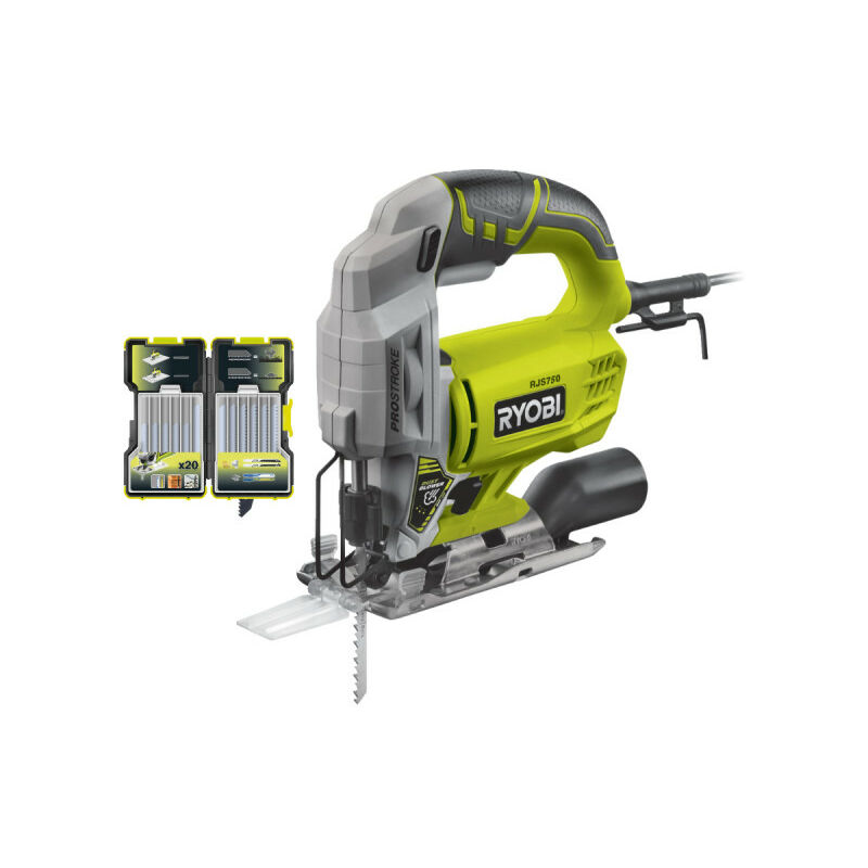 foto del prodotto confezione ryobi seghetto alternativo rjs750 g 500w 75mm legno confezione da 20 lame legno metallo 75 100m