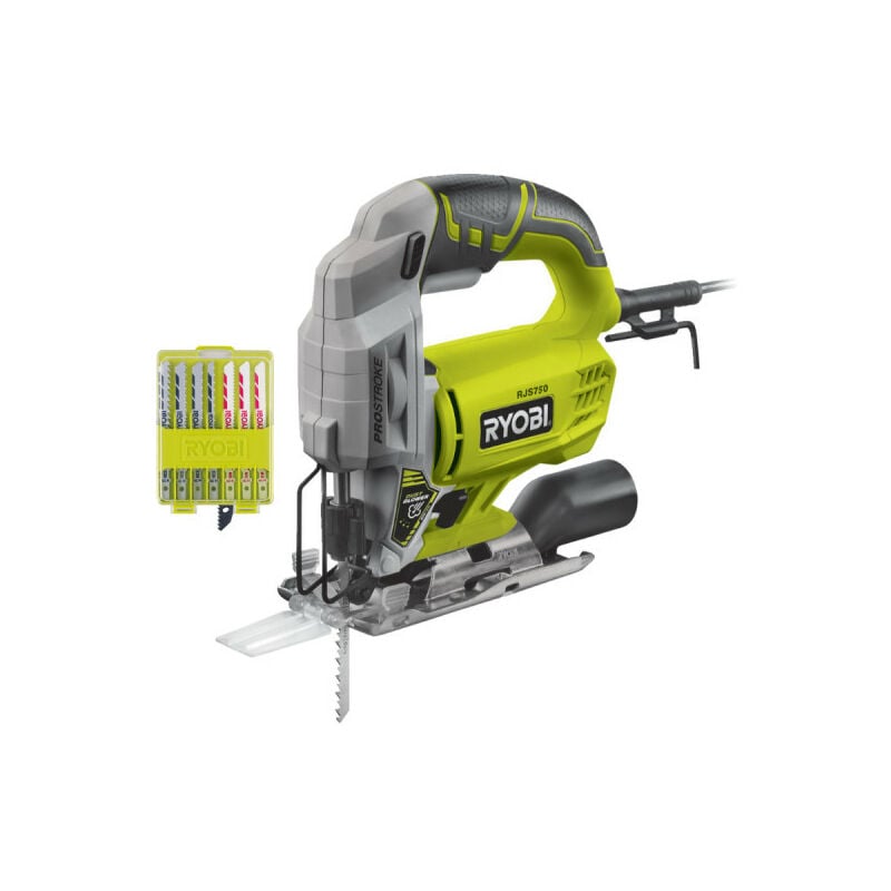 foto del prodotto confezione seghetto alternativo elettrico ryobi rjs750 g 500w 75mm legno set di 10 lame legno plastica bi 