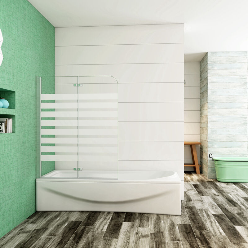 foto del prodotto 120x140 cm sopravasca parete vasca da bagno due ante movibili verso sinistro vetro 6 mm temperato anticalcare fascie centrali in serigrafato bianco