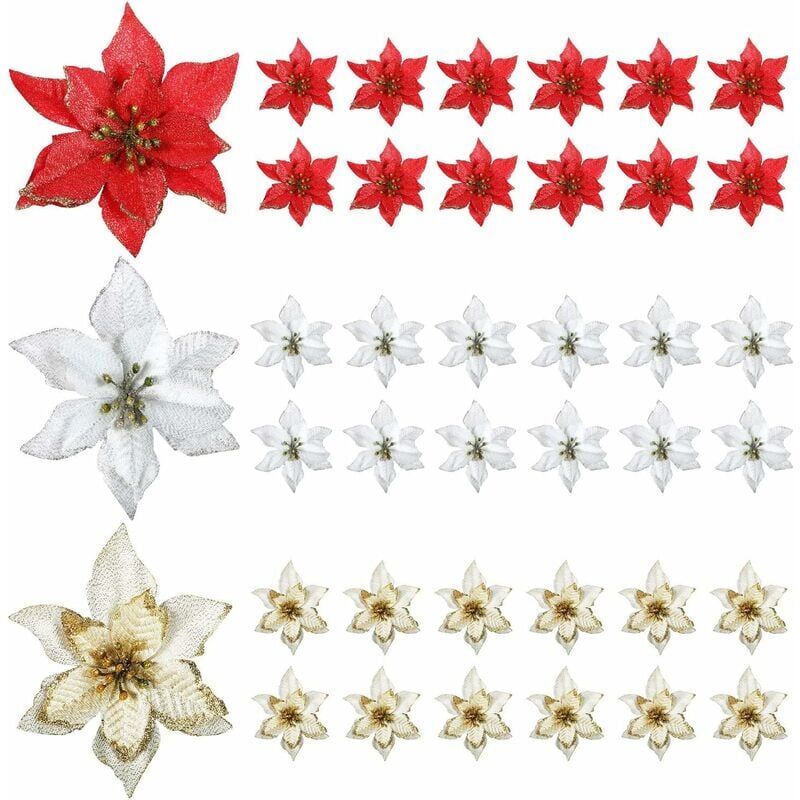 foto del prodotto 36 pezzi di ornamento di natale poinsettia, finto fiore di natale glitterato, ornamento per albero di natale, 15 cm