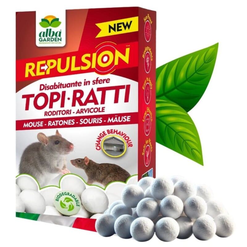 foto del prodotto albagarden disabituante topi e ratti repellente in sfere di cellulosa barriera vegetale olfattiva anti roditori dissuasore naturale topi x 100 g