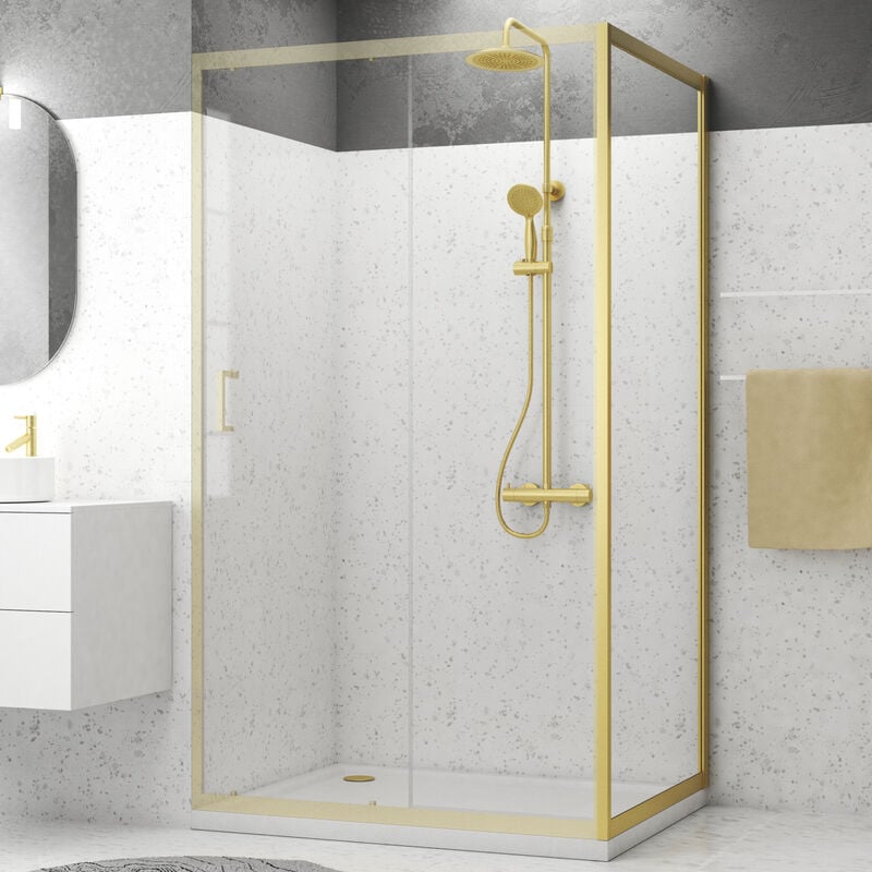 foto del prodotto aurlane parete laterale fissa 80x200cm profilo oro spazzolato vetro temperato 6 mm goldy crush