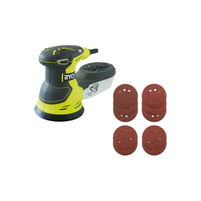 foto del prodotto confezione ryobi levigatrice elettrica eccentrica ros300a 300w sacchetto di trasporto 10 dischi abrasivi 125 mm