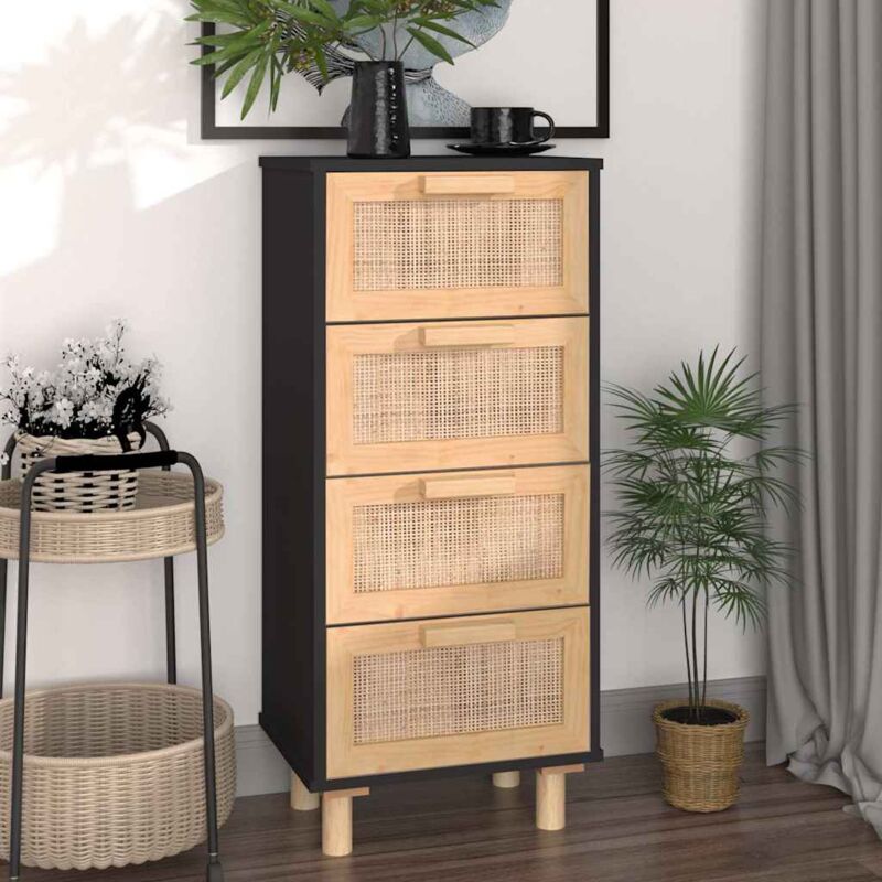 foto del prodotto vidaxl credenza nera 40x30x90 cm legno massello pino e rattan naturale
