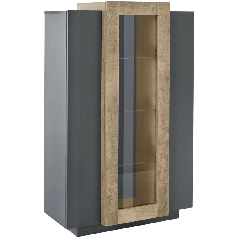 foto del prodotto vetrina ablaze, credenza con tre ante, mobile da soggiorno multiuso, 100 made in italy, cm 80x38h121, antracite e acero dmora