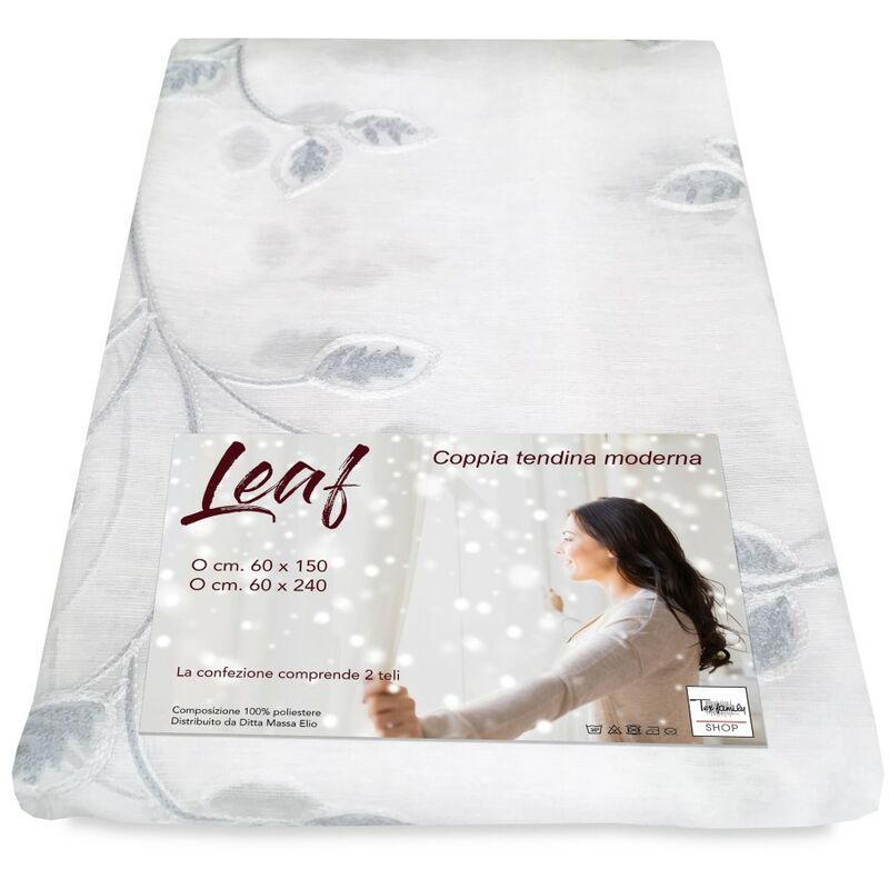 foto del prodotto tex family coppia tendina vetro leaf ricamata grigio coppia 2 teli cm. 60x150