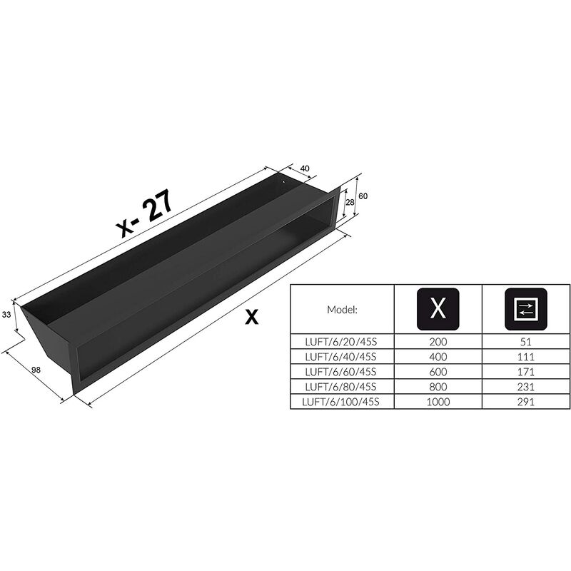 foto del prodotto kratki griglia di ventilazione air griglia aria calda 6 x 60 cm nero griglia di scarico per ventilazione camino presa d aria con un angolo di 45