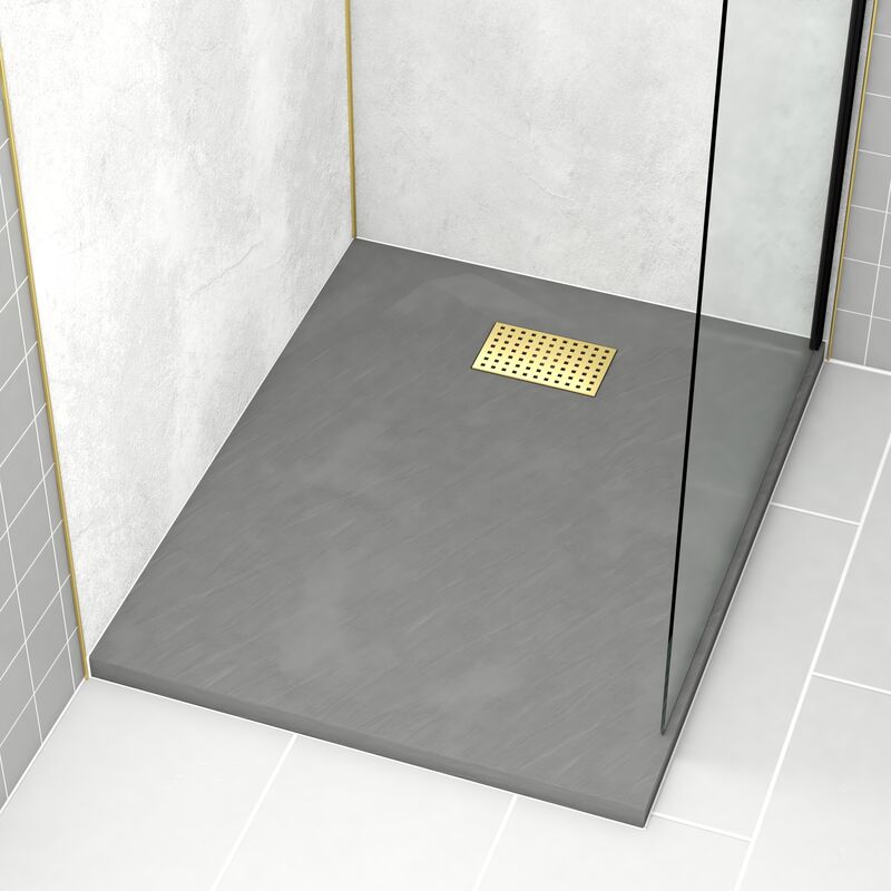 foto del prodotto piatto doccia grigio effetto pietra 80x100 cm e griglia motivo perforato oro spazzolato