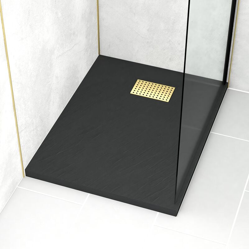 foto del prodotto piatto doccia nero effetto pietra 70x90 cm e griglia motivo perforato oro spazzolato