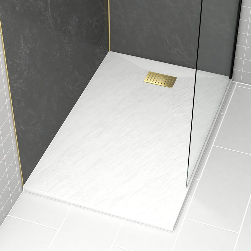 foto del prodotto aurlane pacco piatto doccia bianco effetto pietra 90x140 cm e griglia motivo lineare oro spazzolato